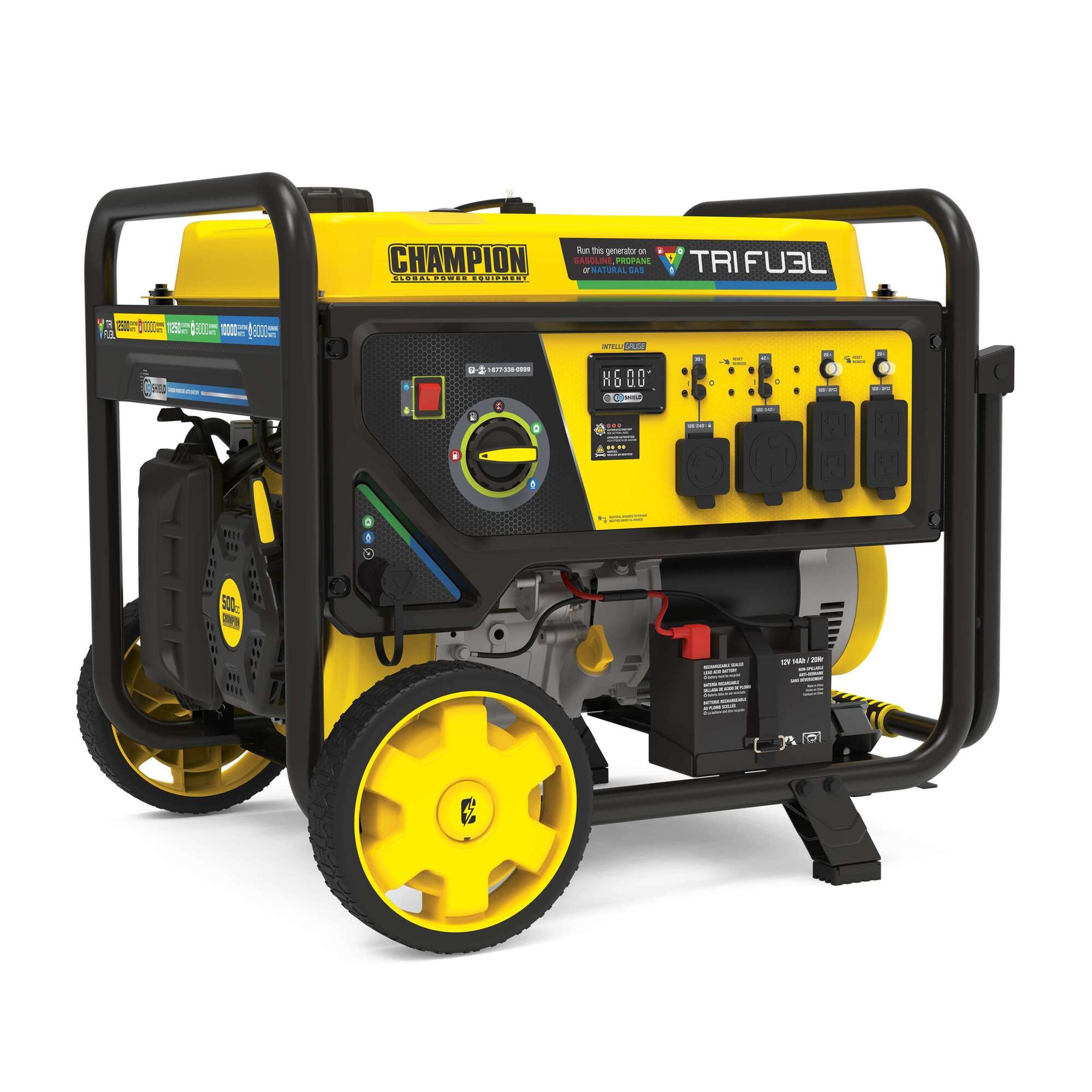 Champion 10,000-Watt Tri-Fuel Portable Generator — Electric Start, CO Shield, 500cc Engine, 7.7-Gallon Tank, Model# 201438